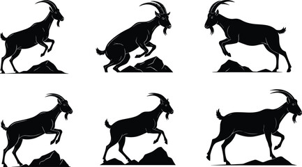 Goat silhouette climbing rocky mountain, wild animal jumping on cliff, black vector illustration of wildlife agility, nature habitat, rugged terrain