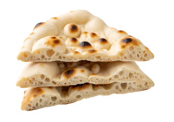 A stack of three delicious slices of plain focaccia bread with bubbly texture and toasted spots isolated on transparent background