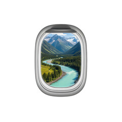 Fototapeta premium Mountain River View from Airplane Window, Travel Destination