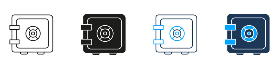 Safe Vault Line And Solid Icon Set. Security, Protection, And Financial Safety Symbol Collection. Secure Storage And Asset Protection. Isolated Vector Illustration