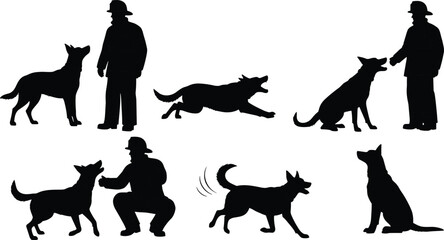 Dog silhouettes with people interaction, pet training, running dogs, sitting dogs, companionship, animal behavior, black vector illustration, isolated design