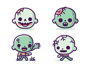 Funny Cute Zombie and Skull Vector Set for Spooky Holiday Illustration