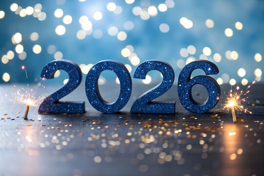 Glittery blue “2026” with sparklers and bokeh lights—celebrating the New Year or milestone event with festive energy, sparkle, and atmospheric elegance. generative ai