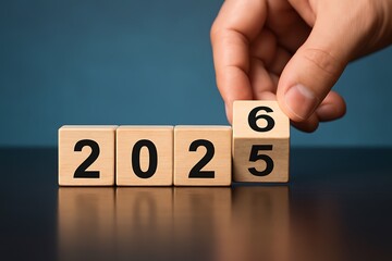 Hand changing wooden blocks from 2025 to 2026, symbolizing the new year