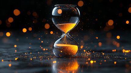A floating hourglass exploding into glowing sand mid air symbolizing the passage of time transformation and impermanence representing energy release change and the fleeting nature of moments