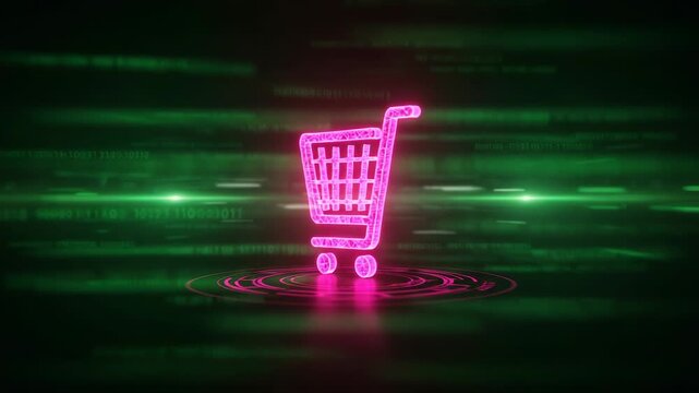 Glowing pink shopping cart icon on a dark digital background