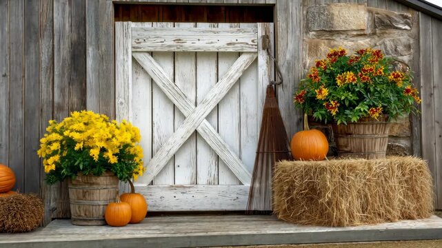 Colorful flowers and pumpkins create a charming autumn scene near a weathered barn door, showcasing seasonal beauty and warmth