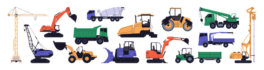 Construction site machines set. Different cars of building industry: tower crane, excavator, bulldozer, road roller, mixer and dump trucks, loader, tractor. Flat isolated vector illustrations on white © Paper Trident