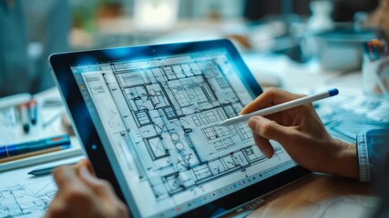 Architect working on building plans using digital tablet in a modern workspace environment - Powered by Adobe