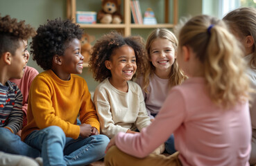 Obraz premium Diverse young kids sit in circle. Children talk, smile, share stories in warm classroom. Friends bond, play, learn together fostering unity and happy community vibes.