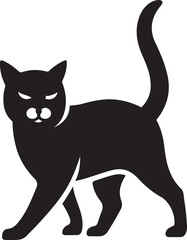 Walking cat silhouette with angry eyes, Fierce feline pet black and white illustration