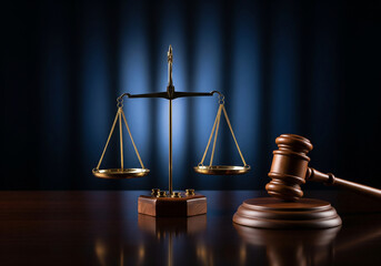 Legal and justice concept. Scales of Justice and a judge's gavel on a wooden table with a modern, dark background. Symbol of law, auction, and judgment.