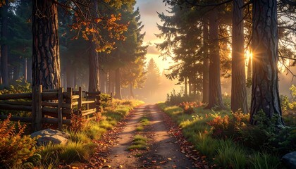 A sunlit dirt road weaves through a forest, illuminated by warm light filtering through tall trees with autumn foliage
