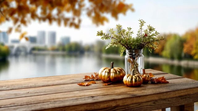 A table is beautifully arranged with pumpkins and flowers by a calm body of water surrounded by fall colors and a clear sky