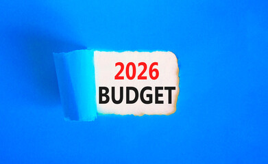 2026 Budget symbol. Concept words 2026 Budget on beautiful white paper. Beautiful blue paper background. Business and 2026 budget concept. Copy space.