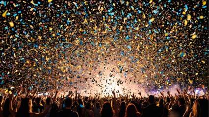 頭上いっぱいに舞い散るカラフルな紙吹雪と熱狂的な群衆（音楽フェスティバル）