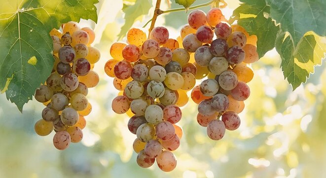 Ripe grapes hanging on vine with sunlight in vineyard - Powered by Adobe