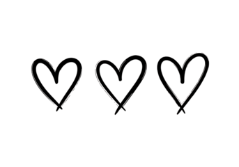 Three hand drawn outline hearts in a row isolated on transparent background
