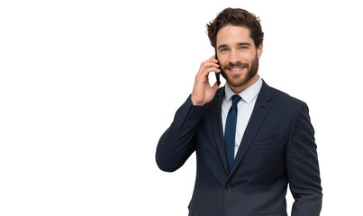 Fototapeta premium Handsome young entrepreneur talking on the phone, isolated on transparent background