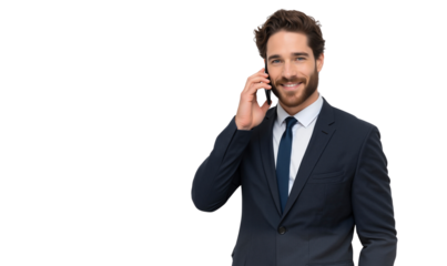 Handsome young entrepreneur talking on the phone, isolated on transparent background