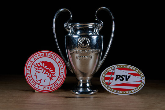 October 7, 2025, Budapest, Hungary. The emblems of the football clubs participating in the group stage of the UEFA Champions League Olympiacos and PSV Eindhoven.
