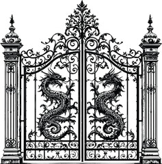 Dragon Gate Silhouette Vector Featuring Ornate Wrought Iron Design with Symmetrical Mythical Creatures and Pillars