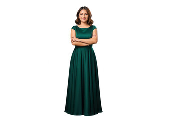 Elegant Woman in Emerald Green Gown with Arms Crossed on White Background