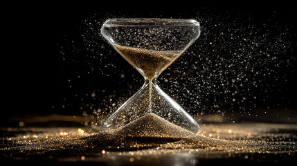A floating hourglass with glowing sand suspended mid-air, hyperrealistic. The image evokes the passage of time, transience, ethereal beauty, futuristic design, and a sense of suspended moments.