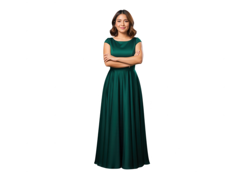 Elegant Woman in Emerald Green Gown with Arms Crossed on White Background