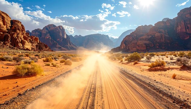 A sunlit, dusty road leads between sandstone cliffs in a desert landscape, with a bright sun high in the sky. Wisps of dust follow the road