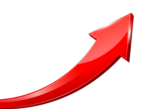 Glossy red upward trending arrow indicating financial growth and success isolated on transparent background - Powered by Adobe