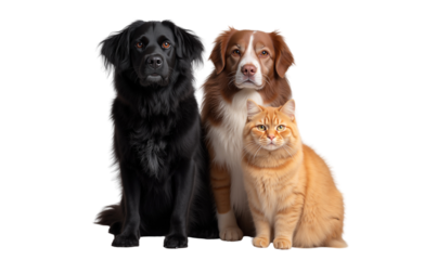 Two adorable dogs and one fluffy orange cat, all looking at the camera, isolated on transparent background