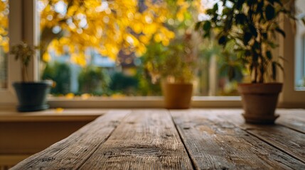 Capturing the serene beauty of a rustic wooden table setting, the warm autumn sunlight filters through softly, showcasing vibrant golden leaves in the background.