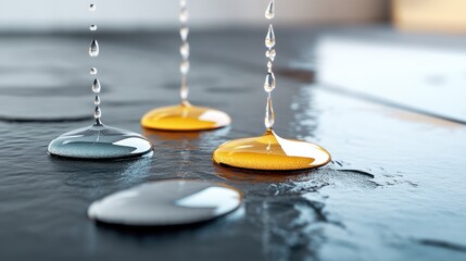 Droplets of water are captured mid-air above three round objects on a wet surface, creating a striking visual effect.