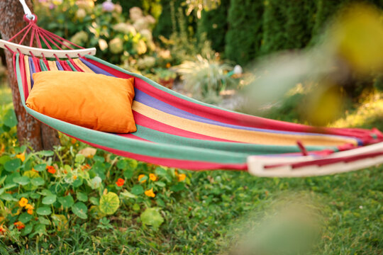 Comfortable cushion on colorful hammock in garden
