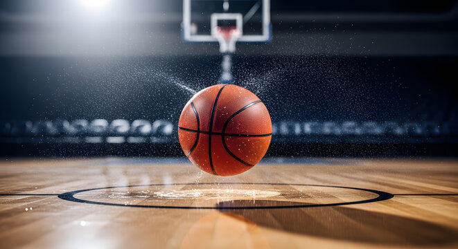 Basketball hovers mid-air on a polished wooden court with a bright spotlight.