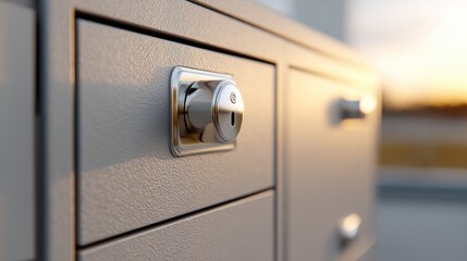 Close-Up Detail of a Modern Cabinet Locking Mechanism at Sunset in a Contemporary Interior