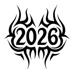 2026 Tribal Flame Typography – Bold Digits Surrounded by Symmetrical Flame-Like Tattoo Patterns