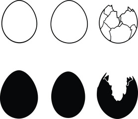 Egg Silhouette Vector Set Featuring Whole and Cracked Forms in Outline and Solid Styles Representing Birth and Transformation