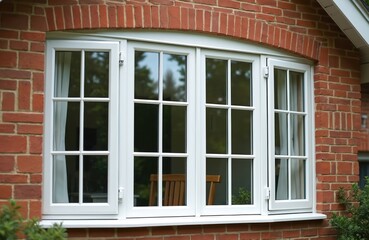 Fototapeta premium White casement windows with multiple panes are set in a red brick house exterior wall. The clear glass reflects green trees and sky. Interior view shows white curtains and wooden chairs.