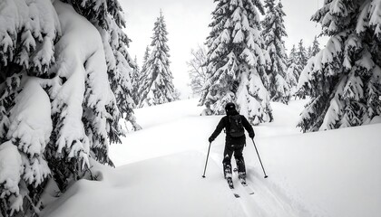 A skier descends a snow-covered slope surrounded by frosted pine trees, creating a black and white winter scene. The sky is overcast