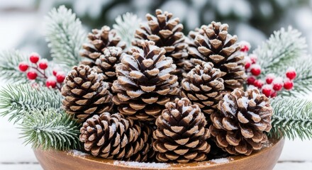 Pine cones with snow and red berries holiday decoration winter season background