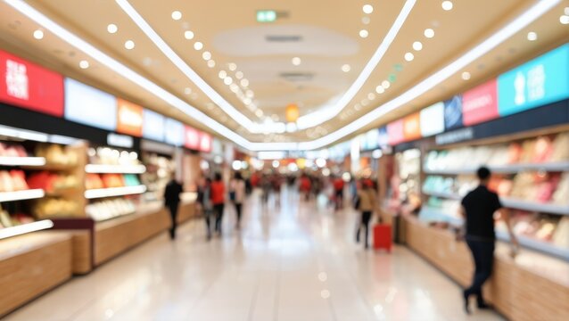 商業施設、小売、または消費者主義をテーマにした、明るい屋内空間の抽象的なイメージ（ぼかし効果あり）