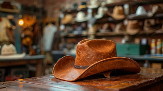 Vintage cowboy hat on a rustic wooden counter in a western-themed shop filled with various hats and accessories