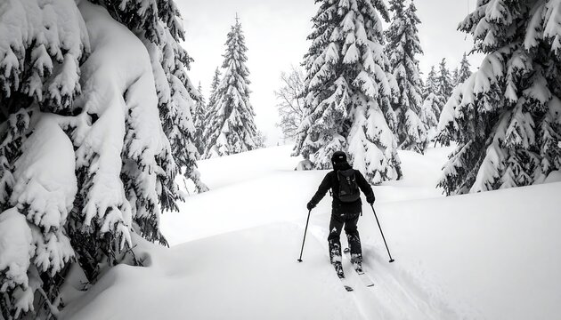A skier descends a snow-covered slope surrounded by frosted pine trees, creating a black and white winter scene. The sky is overcast - Powered by Adobe