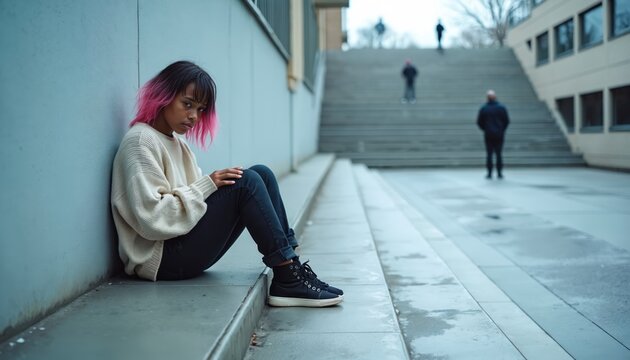 Young student with pink hair sits alone on concrete steps outdoors, leaning on building wall. Look sad, upset, feeling isolated from others. Teenager suffers emotional stress bullying problem, - Powered by Adobe
