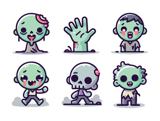 Obraz premium Kawaii Green Zombie Vector Icons with Cute Faces and Funny Expressions