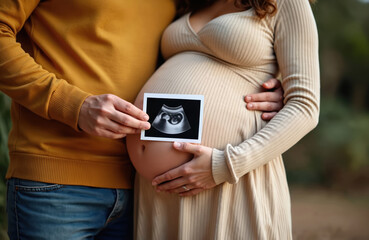 Pregnant woman and man holding ultrasound picture in front of her belly. Expectant mother and father embracing, showing 4D scan image of unborn baby. Couple expecting twins, outdoor background.