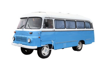 Bright blue retro bus isolated on white background.