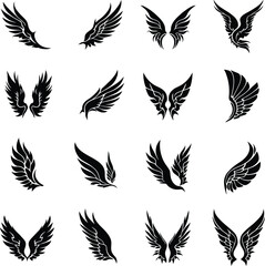 Wing Silhouette Grid Vector Featuring Symmetrical, Abstract, and Fantasy-Inspired Feather Designs in Black Line Art Style